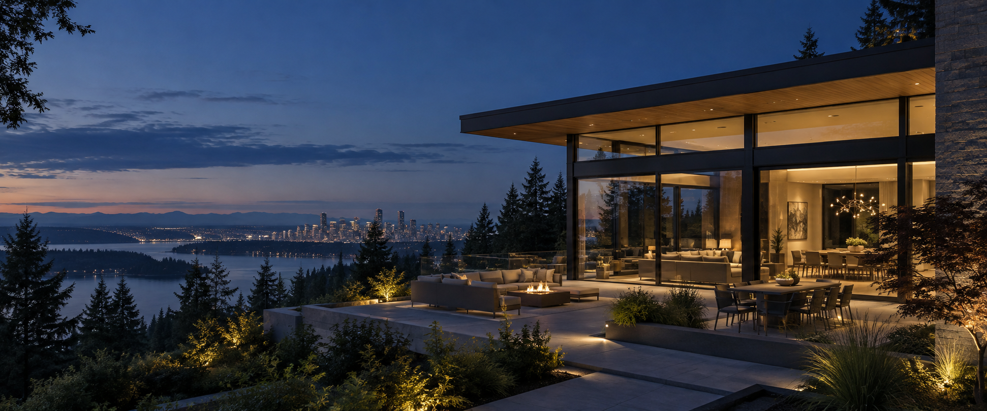 Contemporary Pacific Northwest home overlooking water and city lights at dusk